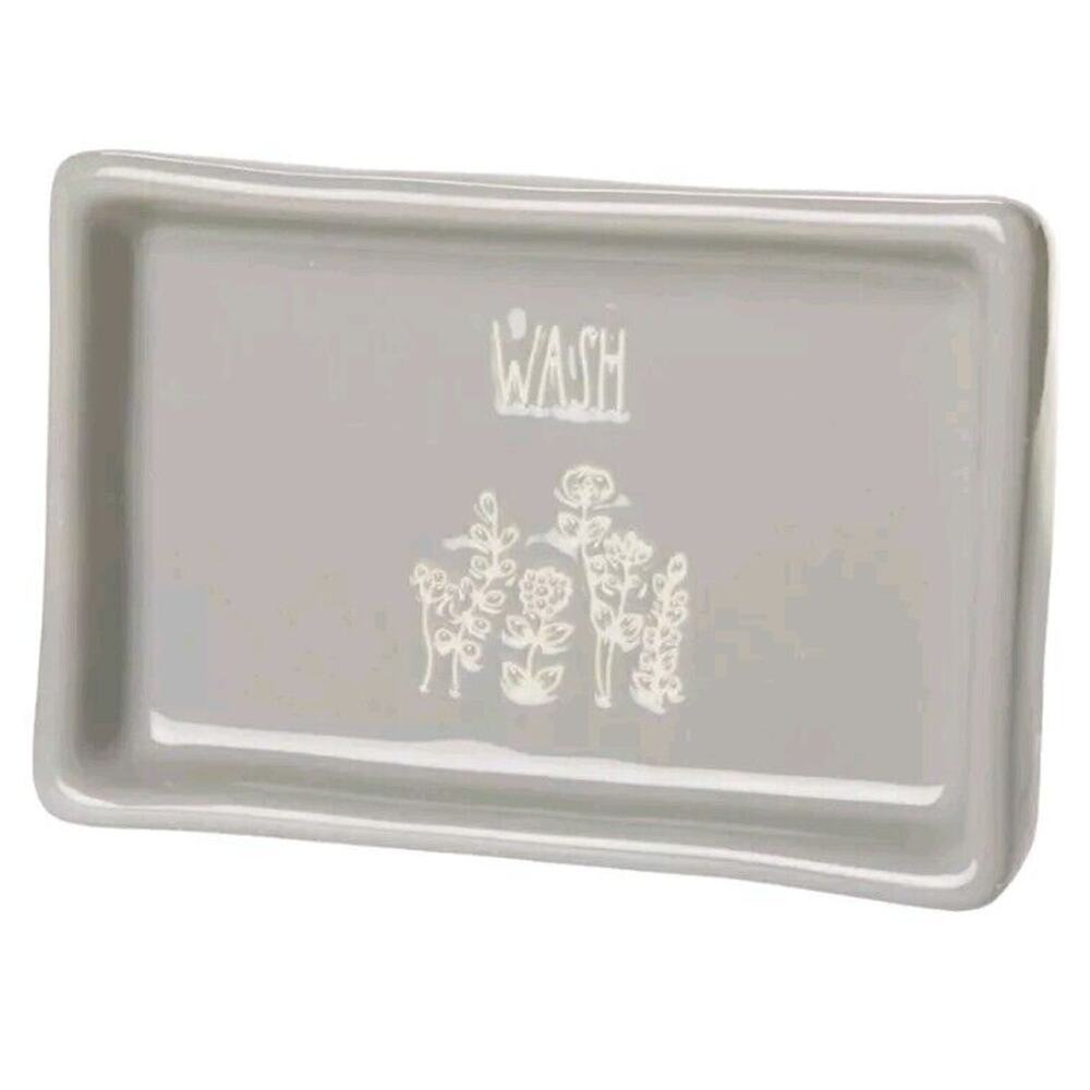 Rae Dunn Soap Dish Wash Gray Floral Wildflowers Flower Ceramic New Embossed